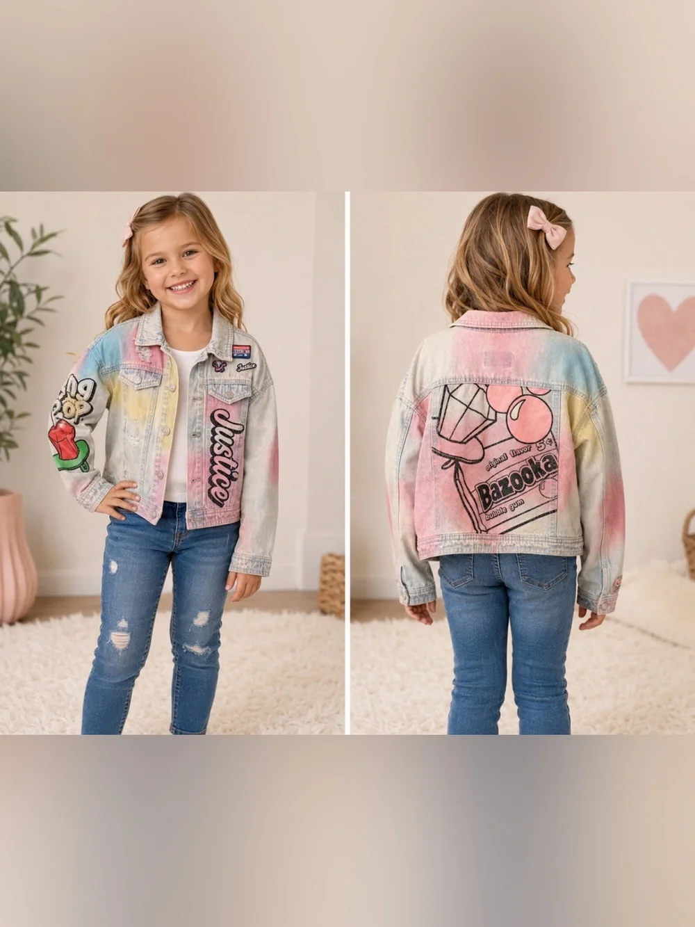 Justice x Bazooka x Ring Pop Denim Jacket Girls XS (5/6) Pastel Tie Dye